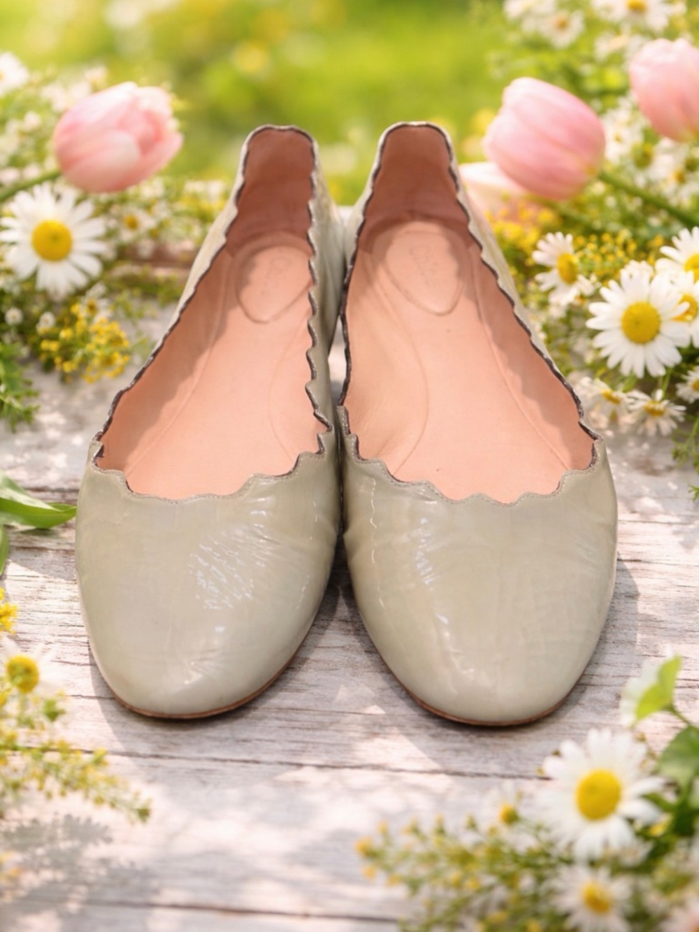 Chloe eur size 40 mint green ballet flats round toe with scalloped accents